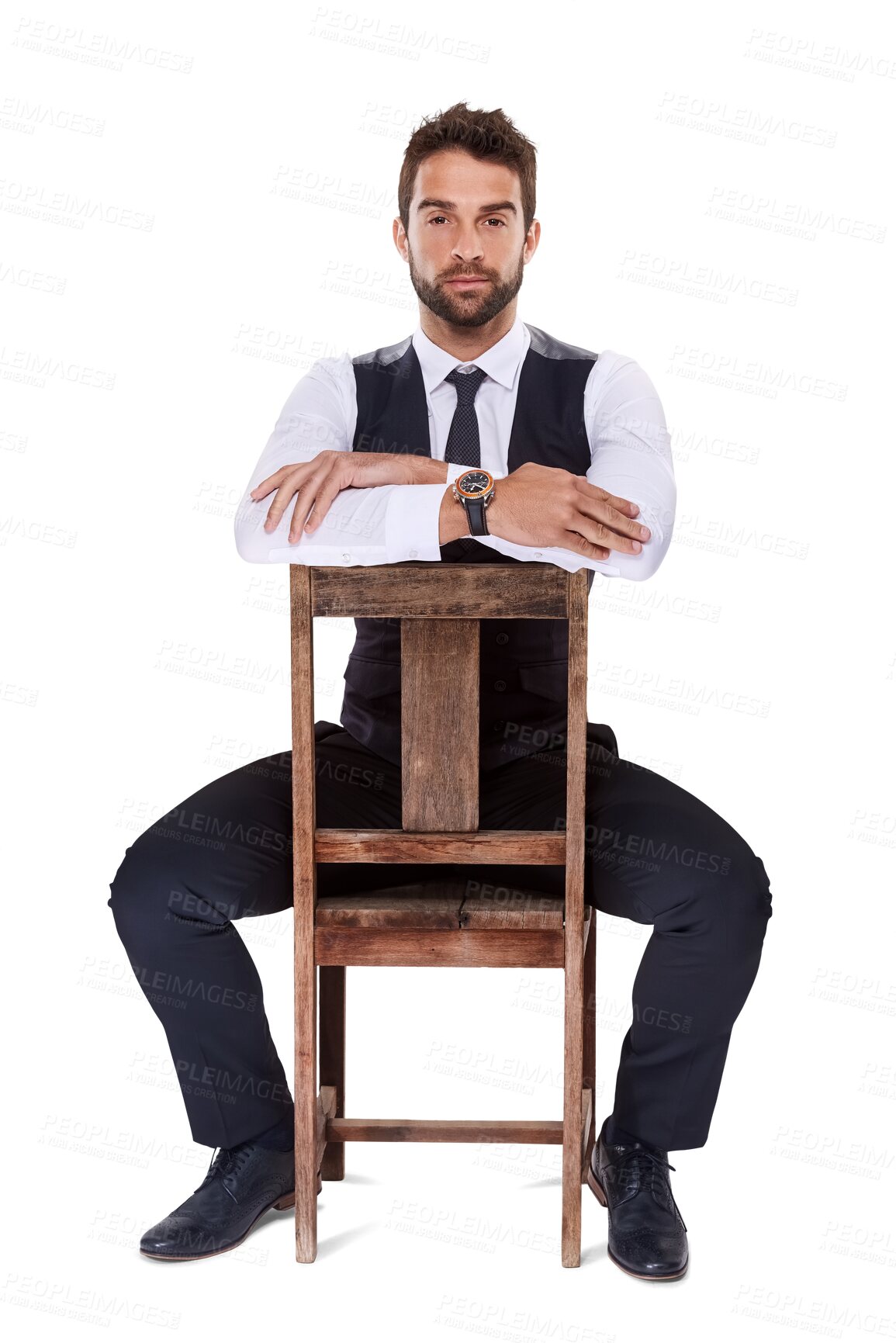 Buy stock photo Portrait, fashion and man on a chair, suit and confident guy isolated against a transparent background. Face, male person and entrepreneur with a stylish outfit, trendy clothes and elegant with png
