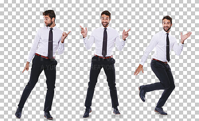 Buy stock photo Montage, dance and portrait of a businessman with a smile for professional achievement or bonus. Happy, playful and a corporate employee dancing isolated on a transparent png background for success