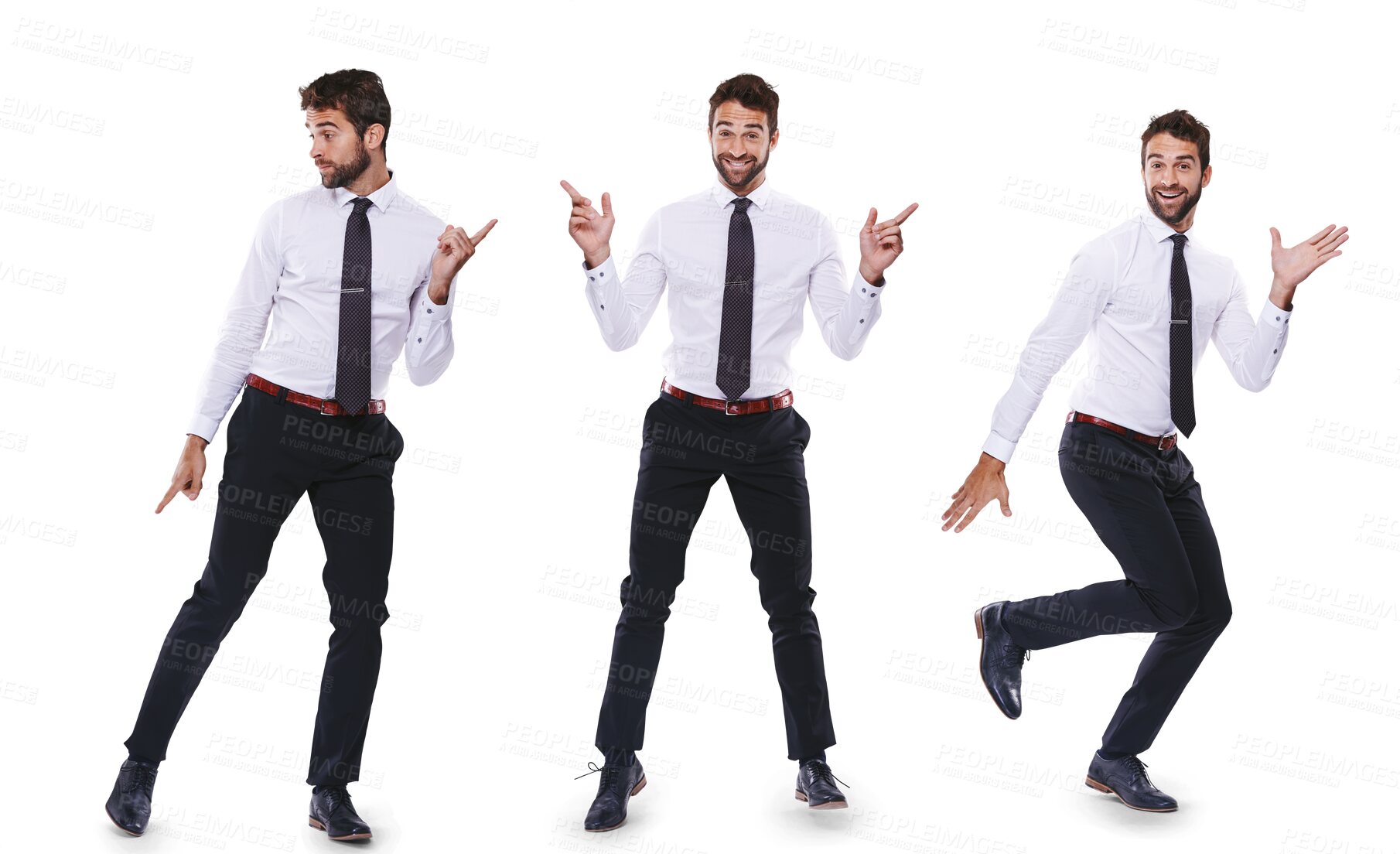 Buy stock photo Montage, dance and portrait of a businessman with a smile for professional achievement or bonus. Happy, playful and a corporate employee dancing isolated on a transparent png background for success