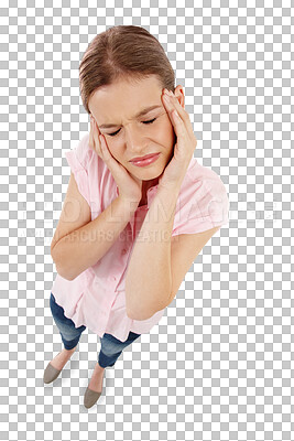 Buy stock photo Mental health, woman with a headache isolated and against a transparent png background above. Depression or anxiety, burnout or fatigue and female person hold her head for migraine pain with problem