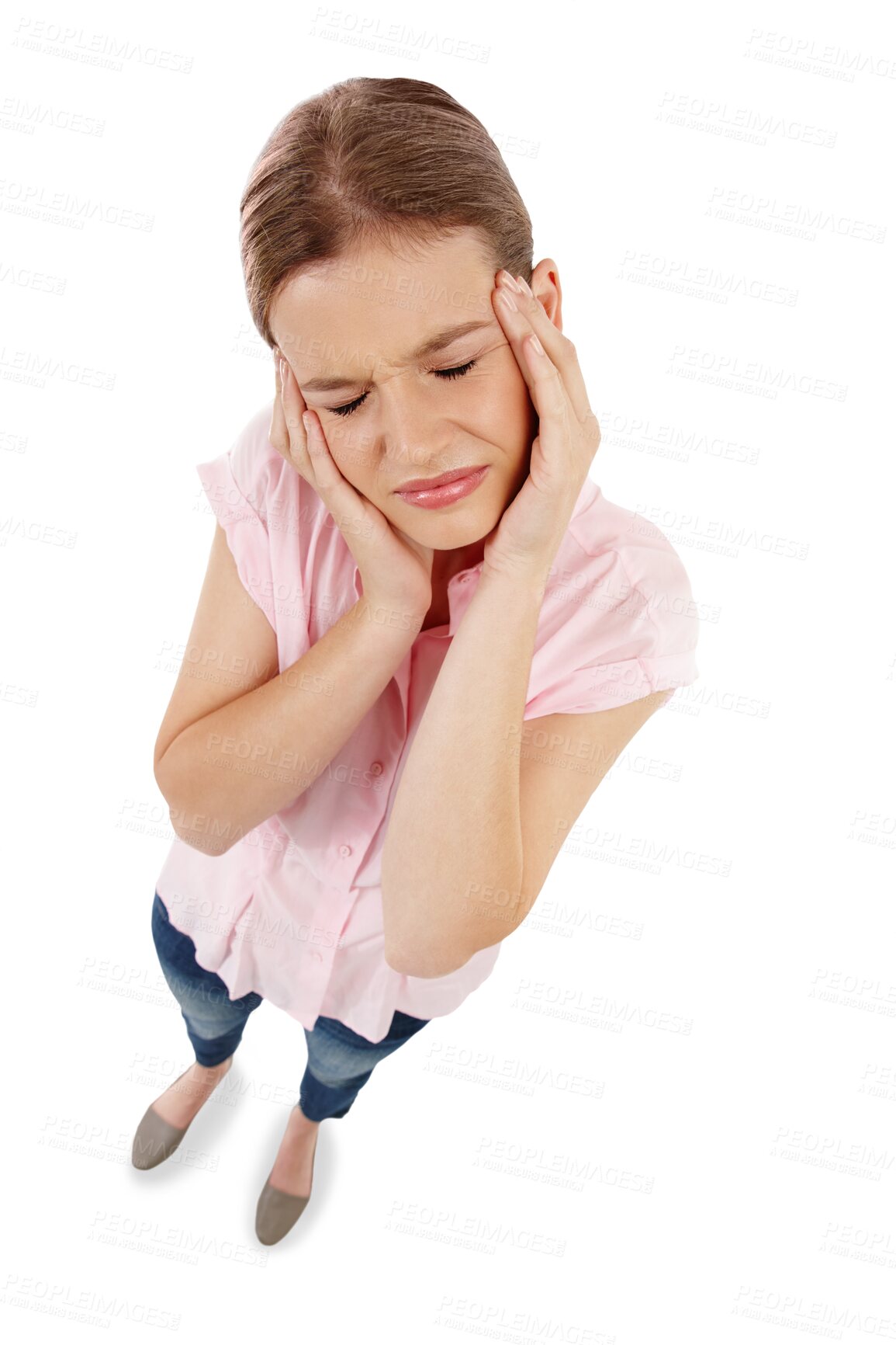 Buy stock photo Mental health, woman with a headache isolated and against a transparent png background above. Depression or anxiety, burnout or fatigue and female person hold her head for migraine pain with problem