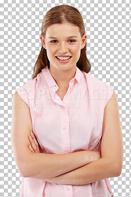 Buy stock photo Portrait, smile and woman with arms crossed, student and confident girl isolated against a transparent background. Face, female person or happy model with a casual outfit, png or happiness with style