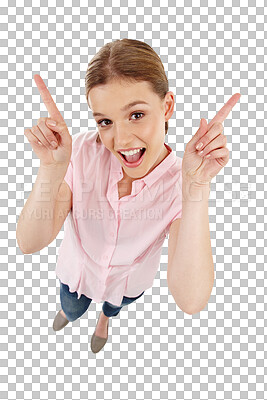 Buy stock photo Happy woman, portrait and surprise hands pointing up for news isolated on a transparent PNG background. Female person or model smile in casual fashion clothing in happiness for notification or ideas