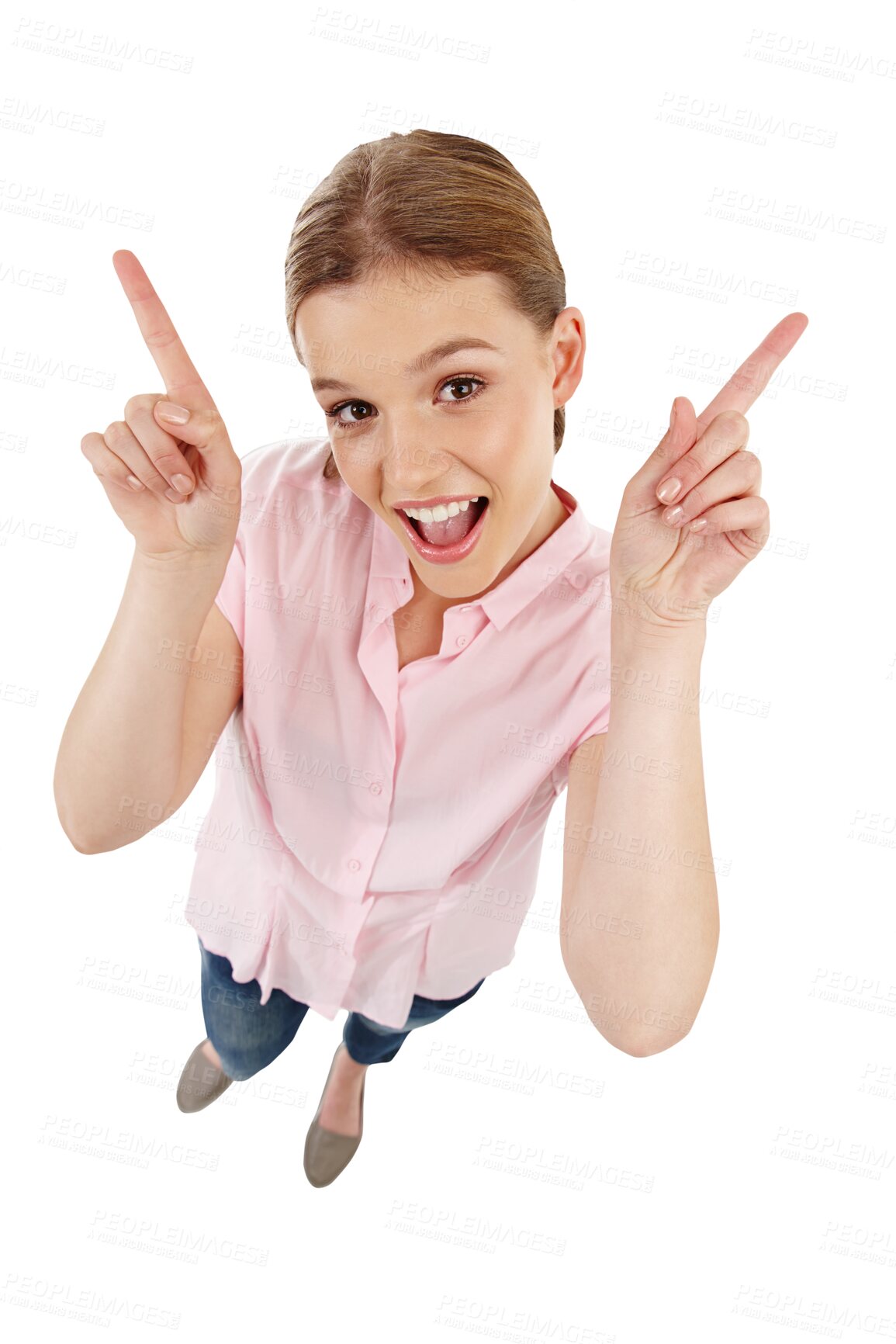 Buy stock photo Happy woman, portrait and surprise hands pointing up for news isolated on a transparent PNG background. Female person or model smile in casual fashion clothing in happiness for notification or ideas