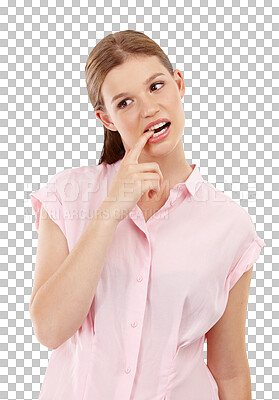 Buy stock photo Nervous thinking and woman confused, biting her finger and lady isolated against a transparent background. Female person, anxious and model with a bad habit, decision and png with anxiety or choice