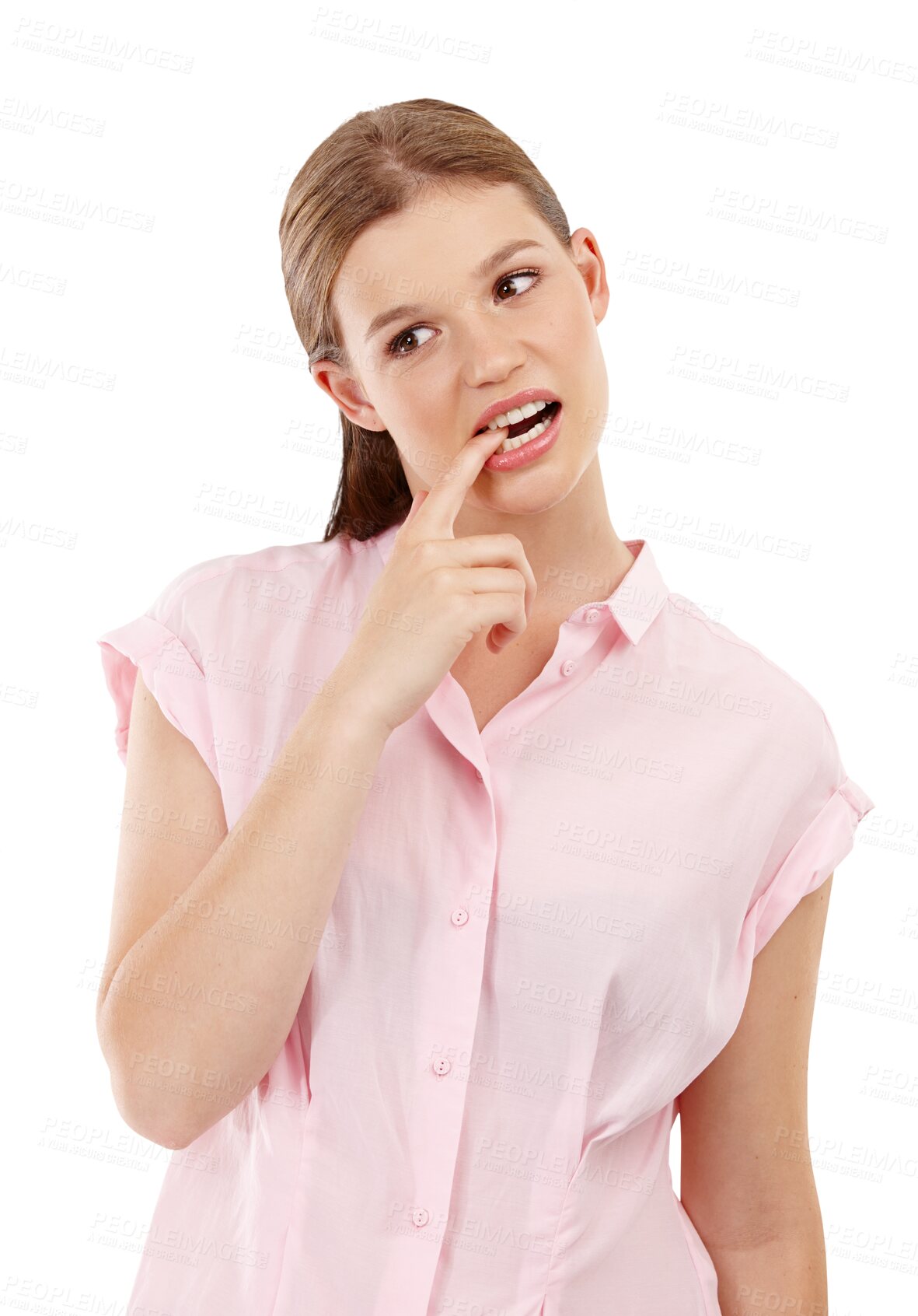 Buy stock photo Nervous thinking and woman confused, biting her finger and lady isolated against a transparent background. Female person, anxious and model with a bad habit, decision and png with anxiety or choice