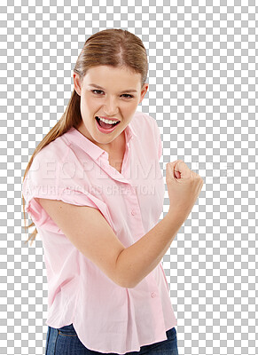 Buy stock photo Happy, winning and portrait of a woman with success isolated on a transparent png background. Smile, motivation and an excited young girl with celebration of achievement, lottery win or bonus