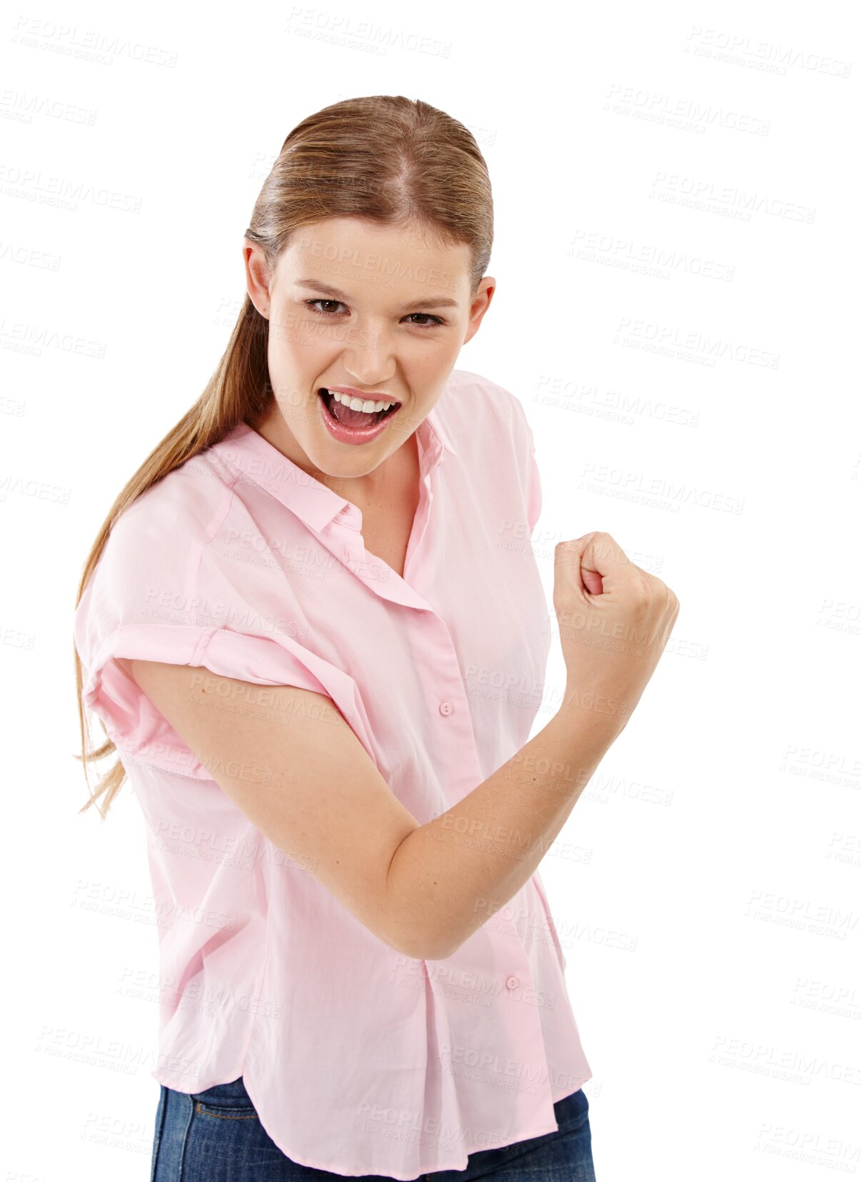 Buy stock photo Happy, winning and portrait of a woman with success isolated on a transparent png background. Smile, motivation and an excited young girl with celebration of achievement, lottery win or bonus