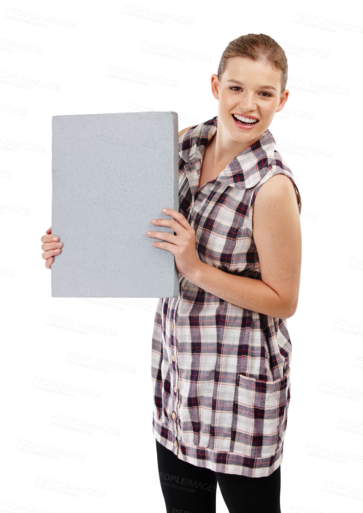 Buy stock photo Isolated woman, portrait and blank board with excited face, mock up space or transparent png background. Girl, gen z student or model with billboard, poster or mockup for promotion, review or opinion