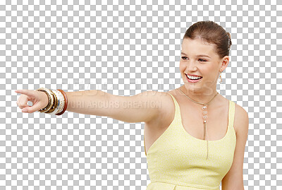 Buy stock photo Smile, pointing finger and a laughing girl for happiness, making fun or showing funny joke. Happy, laugh and a young woman or teenager gesturing for comedy isolated on a transparent png background