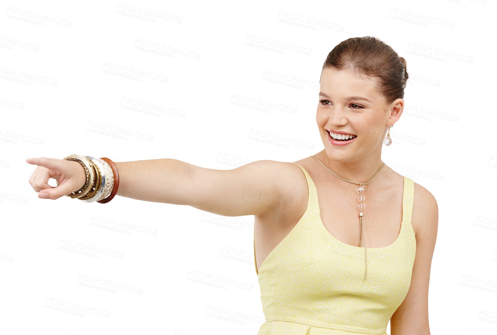 Buy stock photo Smile, pointing finger and a laughing girl for happiness, making fun or showing funny joke. Happy, laugh and a young woman or teenager gesturing for comedy isolated on a transparent png background