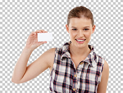 Buy stock photo Marketing, portrait of a woman with a business card and isolated against a transparent png background. Advertising or promotion, sales and female person with placard for advertisement with smile