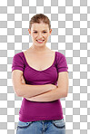 Portrait of a confident teenage girl standing with her arms folded, iisolated on a png background. A beautiful young blonde woman in casual clothes smiling with perfect white teeth and crossed arms