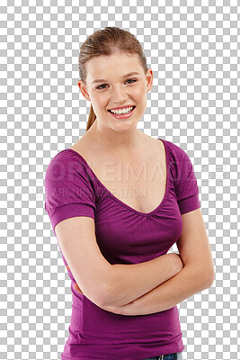 Buy stock photo Happiness, portrait and arms fold with teenager in isolated or png with transparent background. Excited, teen and face with crossed arm is positive or smile with teeth or beauty or student. 