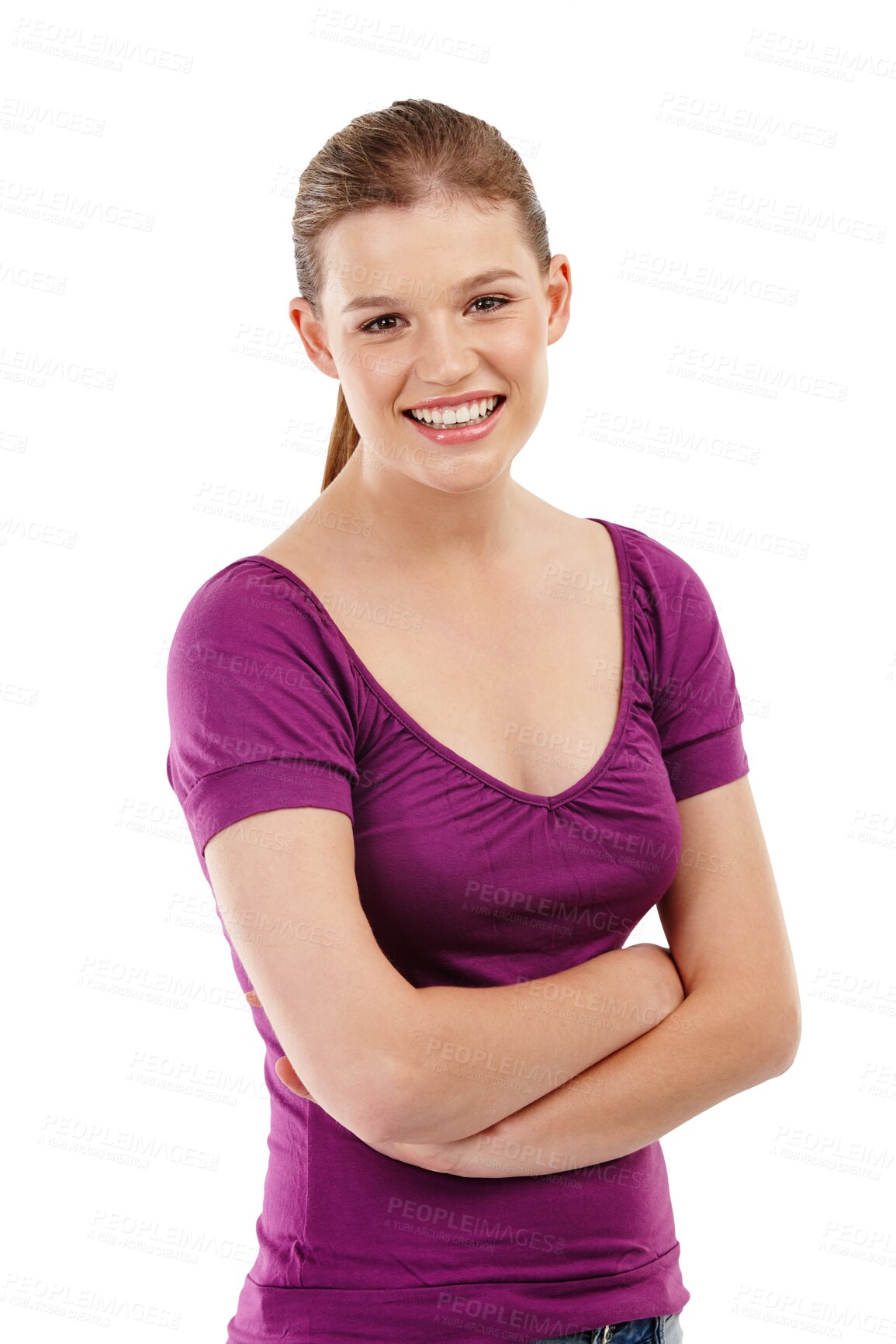 Buy stock photo Happiness, portrait and arms fold with teenager in isolated or png with transparent background. Excited, teen and face with crossed arm is positive or smile with teeth or beauty or student. 