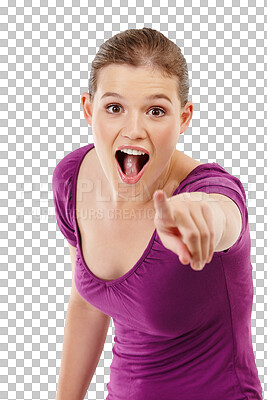 Buy stock photo Portrait, smile and woman pointing to you, opportunity and excited girl isolated on a transparent background. Face, female person and confident model with hand gesture, promotion and choice with png