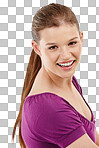A teenage girl standing with her arms folded and looking over her shoulder isolated on a png background