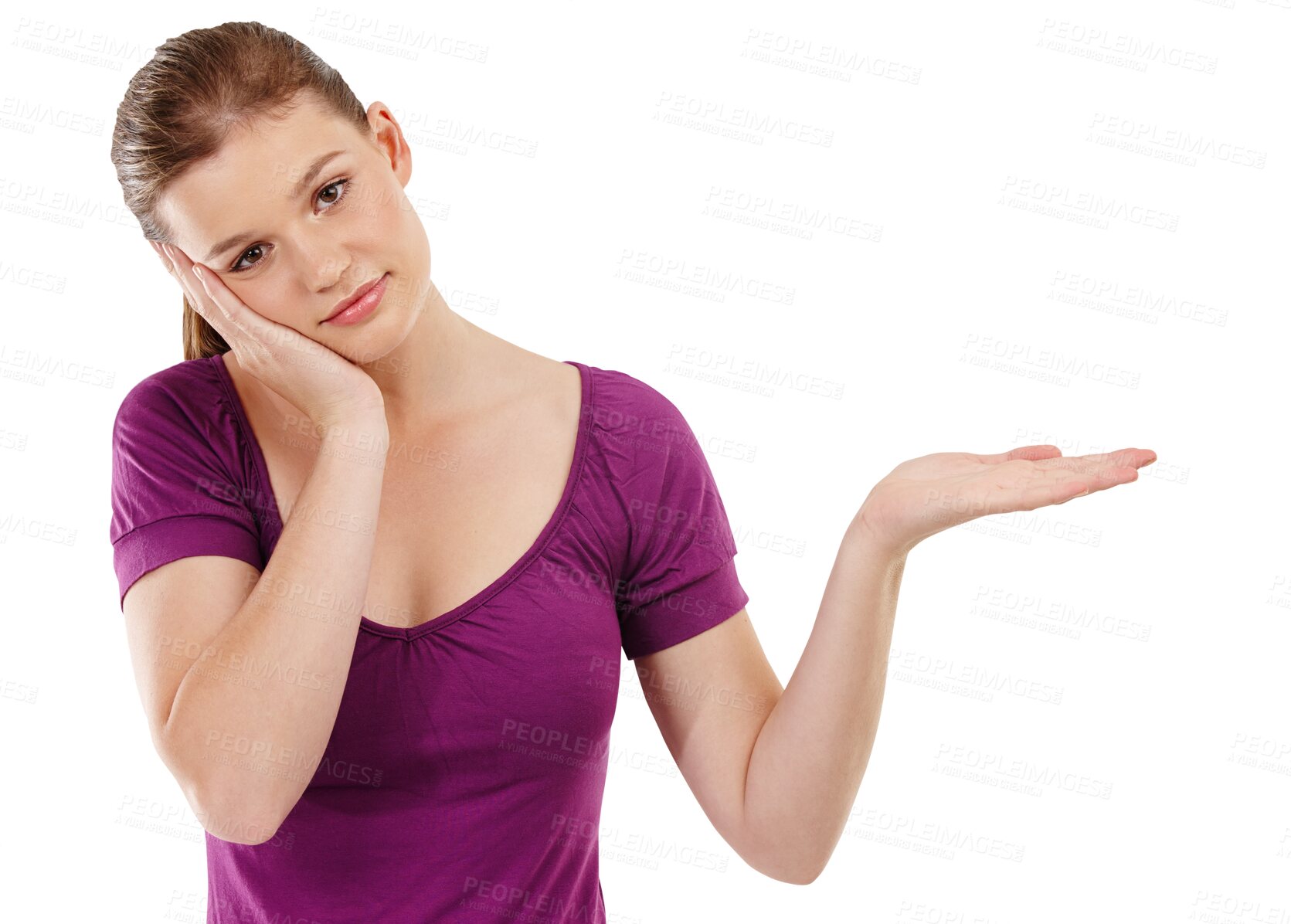 Buy stock photo Serious, show and portrait of a girl with a palm for presentation, showing or holding. Young, presenting and a woman or teenager gesture with hand while isolated on a transparent png background