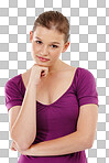 Studio portrait of an attractive teenage girl standing with her hand on her chin isolated on a png background