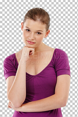 Buy stock photo Portrait, fashion and hand on chin with a woman isolated on a transparent background for contemporary png style. Face, clothes and an attractive young female person in modern or fashionable clothing