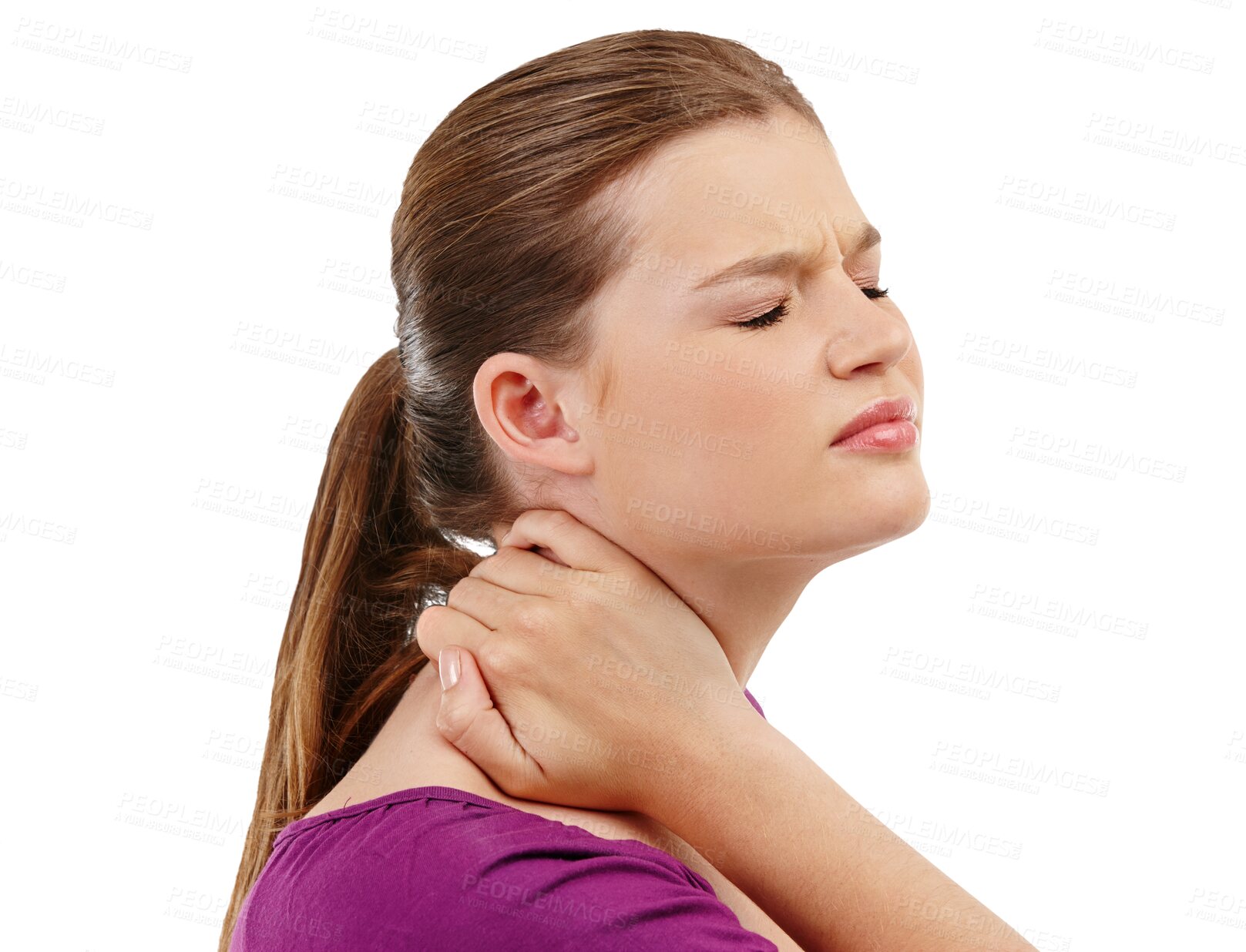 Buy stock photo Stress, tired and woman with neck pain, anatomy problem and accident with body injury. Sad, frustrated and a person with muscle strain, anxiety and emergency isolated on a transparent png background