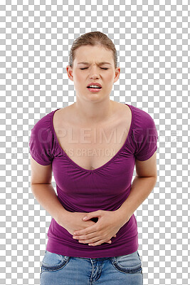 Buy stock photo Stomach pain, ache or health problem of a woman isolated on a transparent, png background. Female model person with constipation, digestion or colon cancer risk with hands on abdomen for gut health