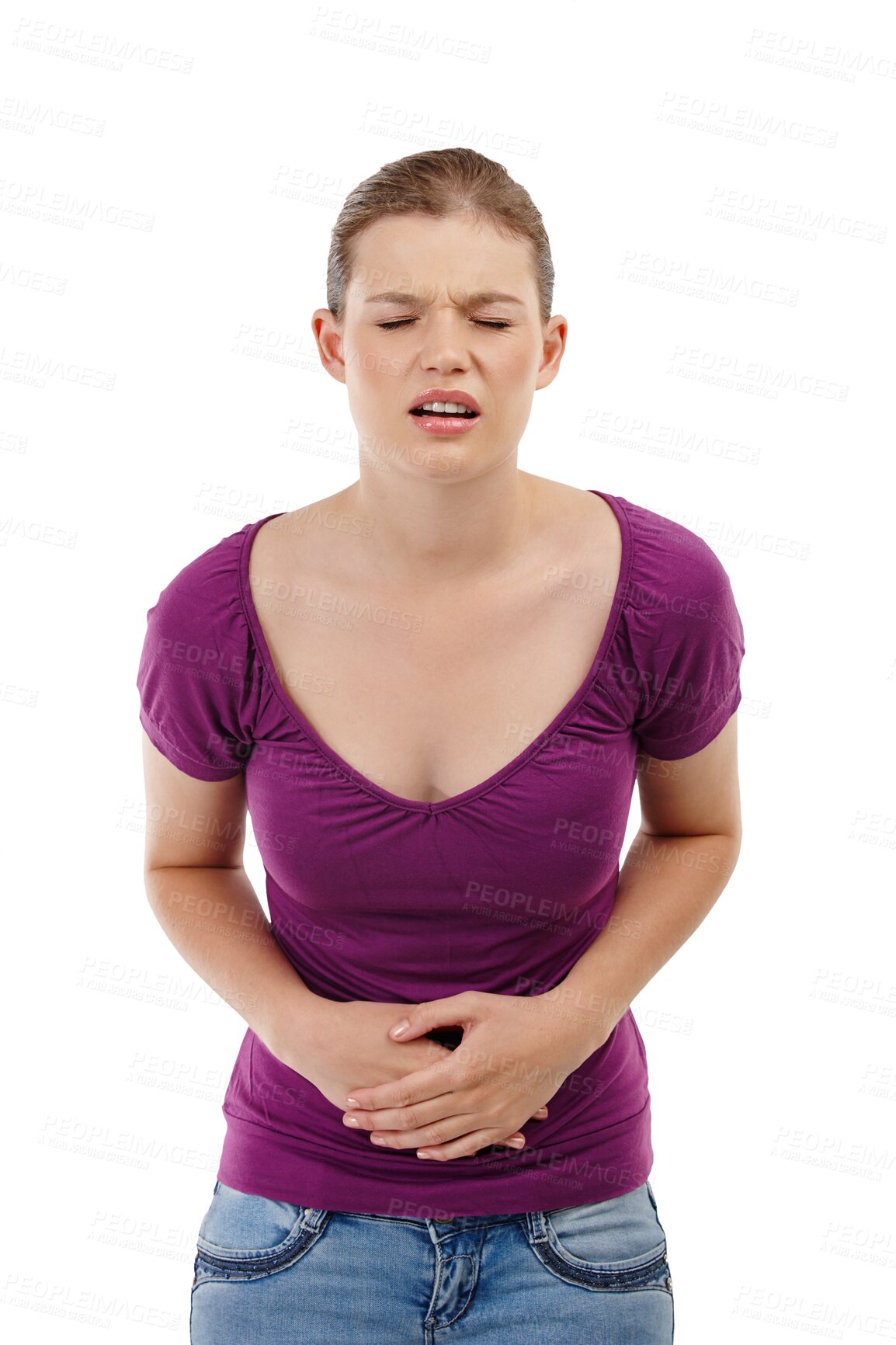 Buy stock photo Stomach pain, ache or health problem of a woman isolated on a transparent, png background. Female model person with constipation, digestion or colon cancer risk with hands on abdomen for gut health