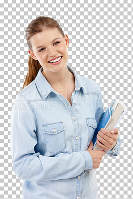 Buy stock photo College student, education and a happy woman with books isolated on a transparent, png background. Female model person with a smile and information for learning, studying and knowledge or reading