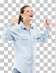 A pretty teenage girl punching the air and looking excited isolated on a png background