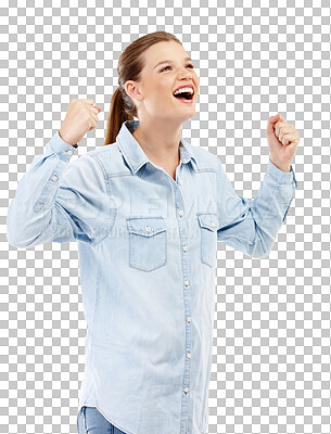 Buy stock photo Success, winner and excited woman in celebration isolated on a transparent png background. Achievement, yes and happy person celebrate lottery, bonus or promotion, prize and fist pump for good news.