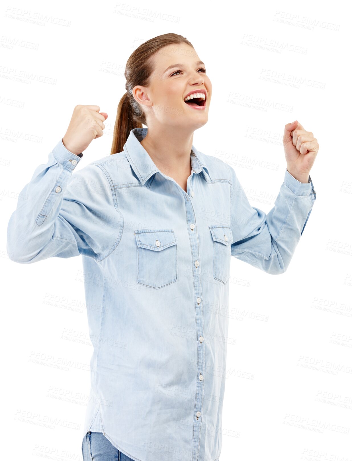 Buy stock photo Success, winner and excited woman in celebration isolated on a transparent png background. Achievement, yes and happy person celebrate lottery, bonus or promotion, prize and fist pump for good news.