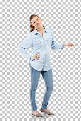 Buy stock photo Palm, happy woman and advertising and portrait for happiness, confidence and to show marketing. Smile, gesturing and woman or teenager in stylish clothes isolated on transparent png background