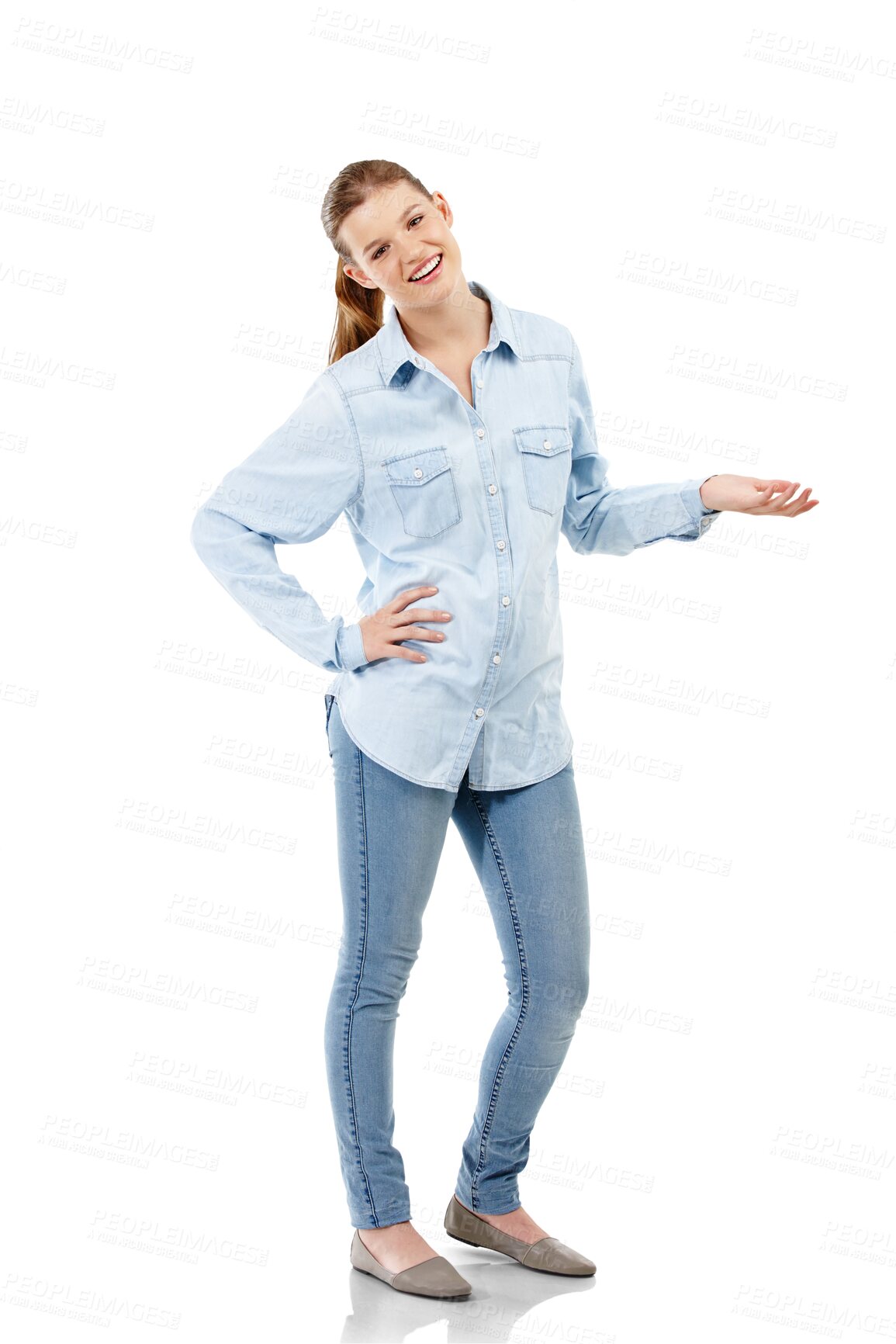 Buy stock photo Palm, happy woman and advertising and portrait for happiness, confidence and to show marketing. Smile, gesturing and woman or teenager in stylish clothes isolated on transparent png background