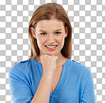 Closeup shot of a pretty teenage girl standing with her hand on her chin isolated on a png background