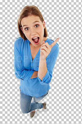 Buy stock photo Excited, idea and above portrait of a woman with knowledge, planning and surprise. Happy, girl or teenager with bright ideas, plan and pointing with a gesture isolated on a transparent png background