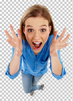 Buy stock photo Wow, portrait and excited woman isolated on a transparent, png background from above for news, sale or announcement. Happy person, model or winner shout for winning, celebration and crazy discount