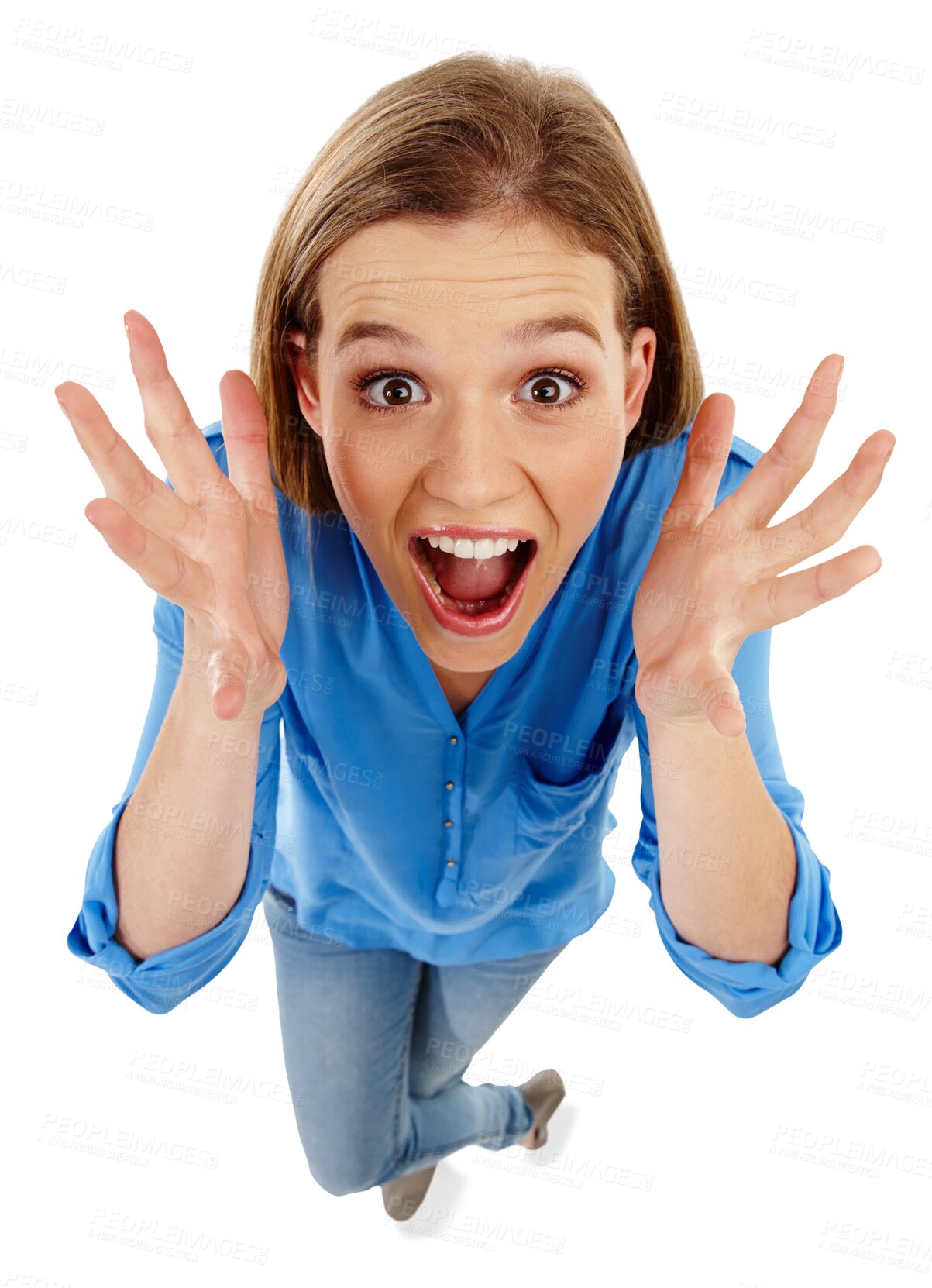 Buy stock photo Wow, portrait and excited woman isolated on a transparent, png background from above for news, sale or announcement. Happy person, model or winner shout for winning, celebration and crazy discount