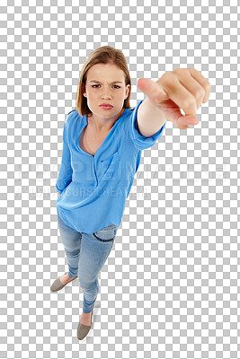 Buy stock photo Portrait, point and guilt with a woman isolated on transparent background to blame or accuse you. Accountability, gesture or frown with a frustrated person pointing or warning on PNG from above