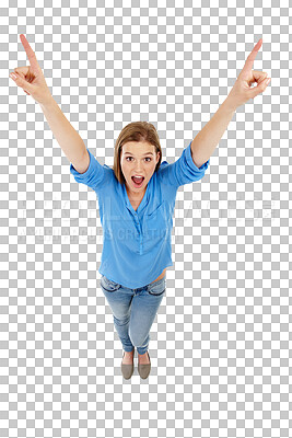 Buy stock photo Pointing up, shock and above portrait of woman on isolated, png and transparent background. Advertising, wow face and female person with surprise with hand gesture for promotion, announcement or news