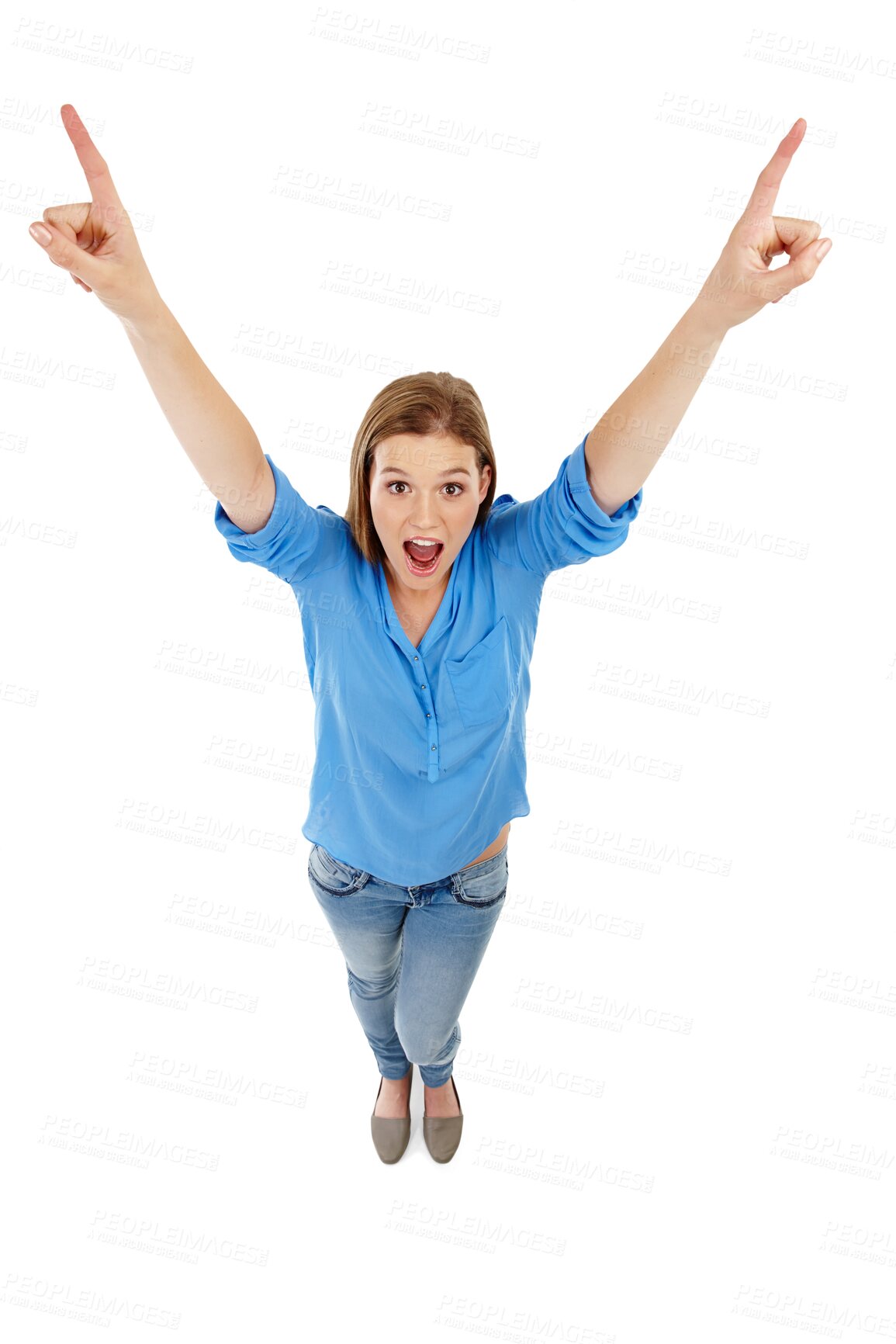 Buy stock photo Pointing up, shock and above portrait of woman on isolated, png and transparent background. Advertising, wow face and female person with surprise with hand gesture for promotion, announcement or news