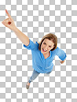 A teenage girl standing with one arm outstretched and pointing upwards isolated on a png background