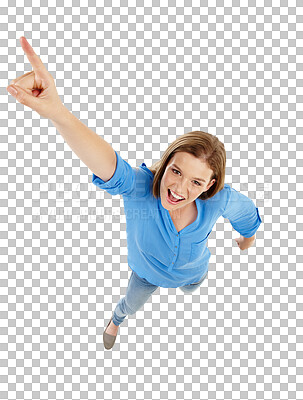 Buy stock photo Portrait, top view and woman with a smile, pointing and confident girl isolated against a transparent background. Face, female person and model stretching her arms, excited and opportunity with png