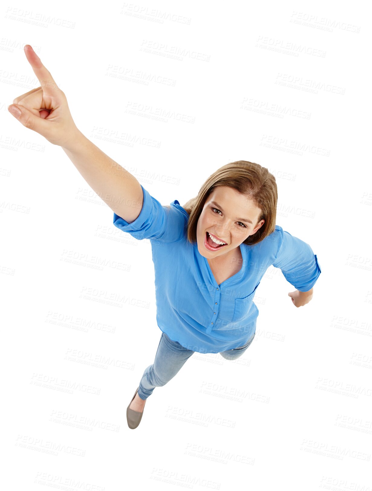 Buy stock photo Portrait, top view and woman with a smile, pointing and confident girl isolated against a transparent background. Face, female person and model stretching her arms, excited and opportunity with png