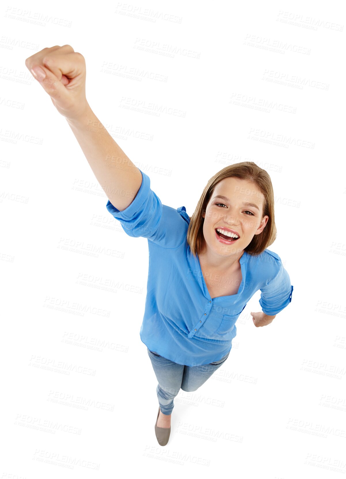 Buy stock photo Fist, power and portrait of happy woman with success isolated on transparent png background for empowerment. Young winner person, model or superhero for motivation, excited and celebration from above