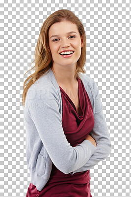 Buy stock photo Girl, portrait and teenager with arms crossed or smile, happy and student, person or model on isolated, transparent or png background. Excited, face and teen ready for learning, education or school