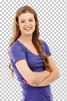 Buy stock photo Girl with arms crossed, portrait and teenager with smile, happy or excited student on isolated, transparent or png background. Happiness, face and teen ready for learning, education or school