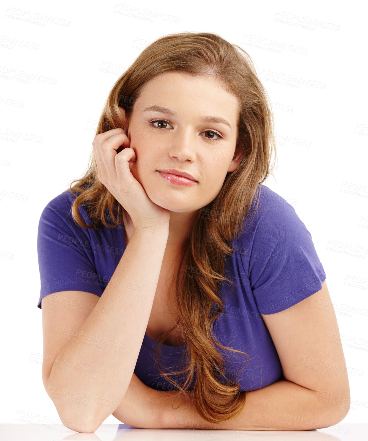 Buy stock photo Portrait of teen girl, student at table and isolated on transparent png background with idea for school. Mindset for learning, fashion and teenager waiting at desk, listening with wonder and smile.