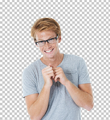 Buy stock photo Shy, portrait and happy man or student in college, university or waiting for education results. Glasses, smart and person from UK with smile for scholarship isolated on transparent png background