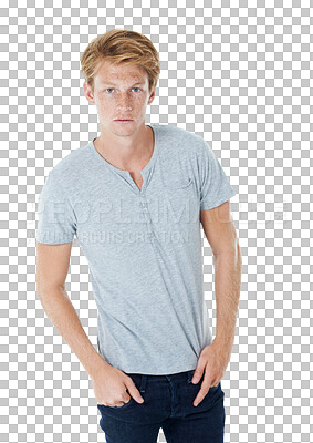 Buy stock photo Young man, portrait and ginger standing with hands in pocket isolated on a transparent PNG background. Male person posing in casual clothing, fashion or confidence for style with freckles on face