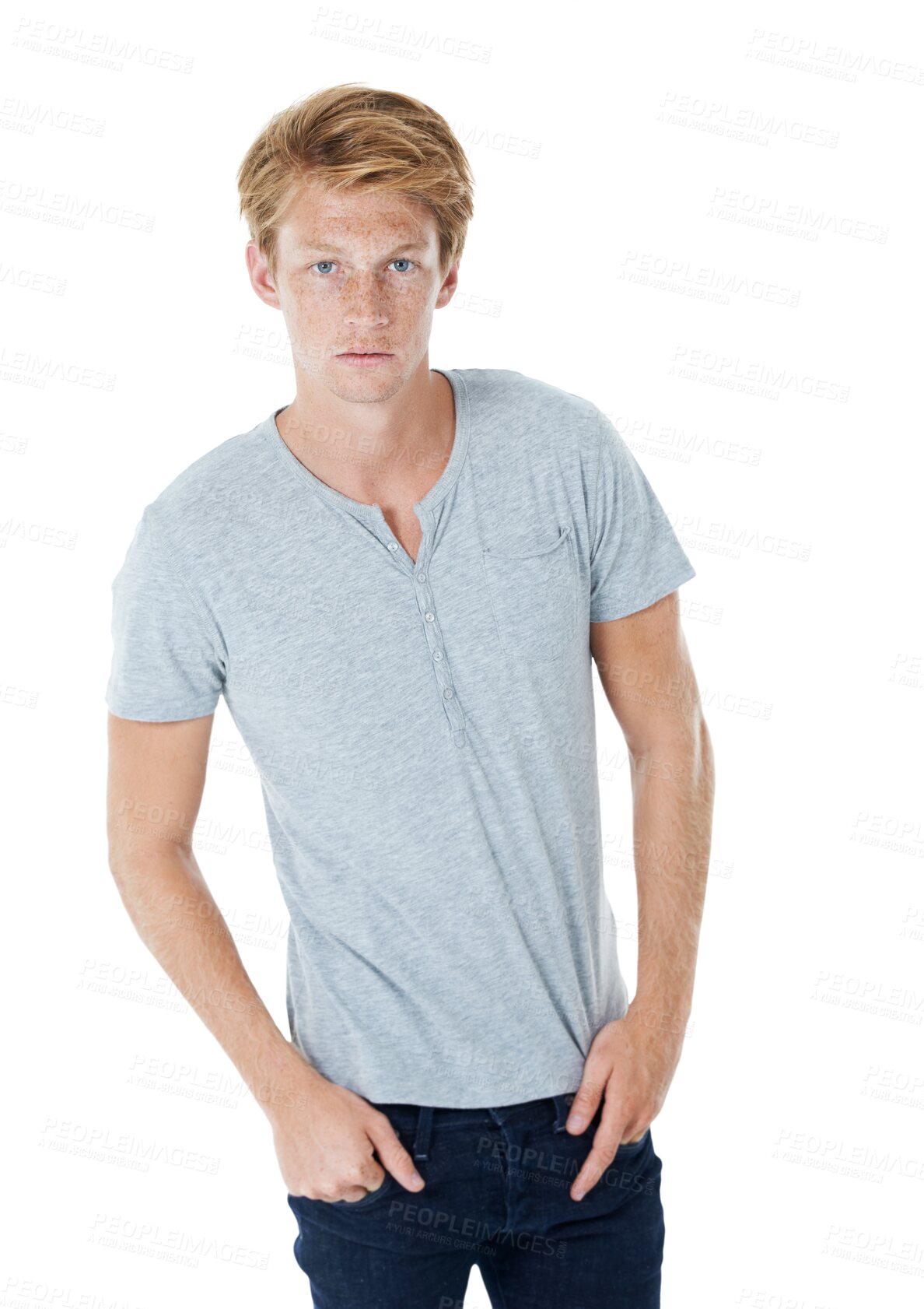 Buy stock photo Young man, portrait and ginger standing with hands in pocket isolated on a transparent PNG background. Male person posing in casual clothing, fashion or confidence for style with freckles on face